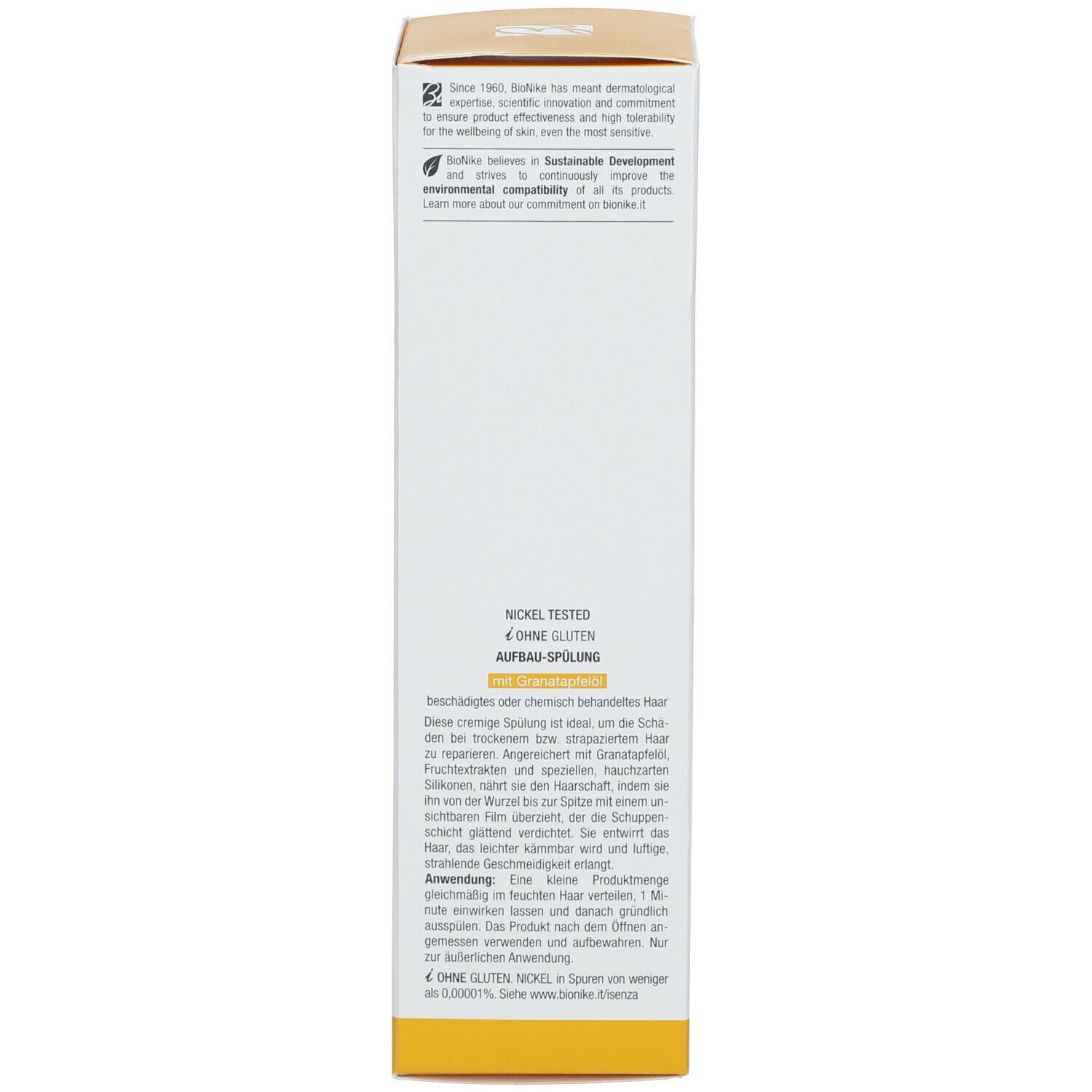 Côté de l'emballage du produit. Texte sur BioNike, durabilité et ingrédients. Nickel Tested.