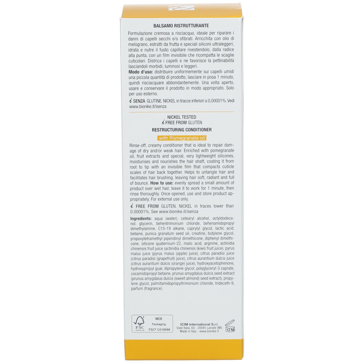 Dos de l'emballage du produit. Description du produit, ingrédients et instructions d'utilisation. Nickel Tested.