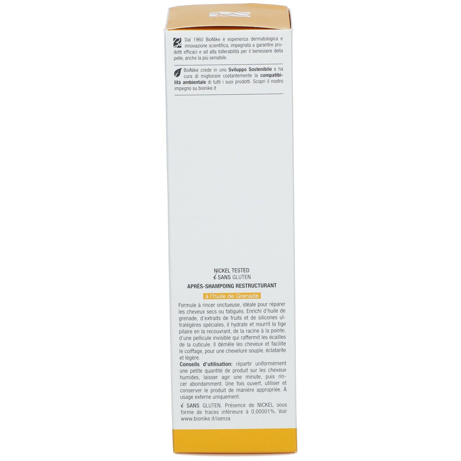 Côté de l'emballage du produit. Description du produit, ingrédients et instructions d'utilisation. Nickel Tested.