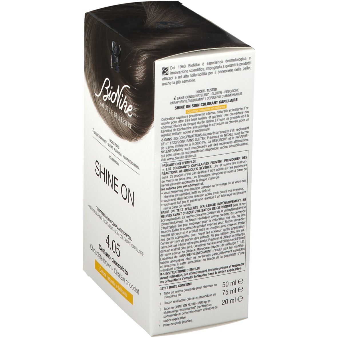 BioNike SHINE ON 4.05 Kastanje-chocolade. Haarkleurbehandeling. Verpakking met tekst en afbeelding. Bevat 50ml, 75ml en 20ml.