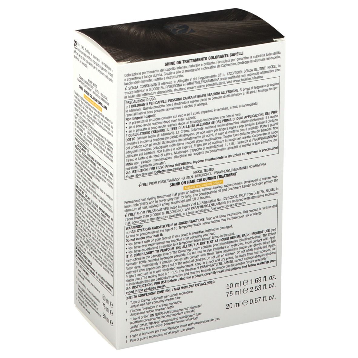 BioNike SHINE ON 4.05 Kastanje-chocolade. Haarkleurbehandeling. Verpakking met tekst. Bevat 50ml, 75ml en 20ml. Achterkant met informatie.