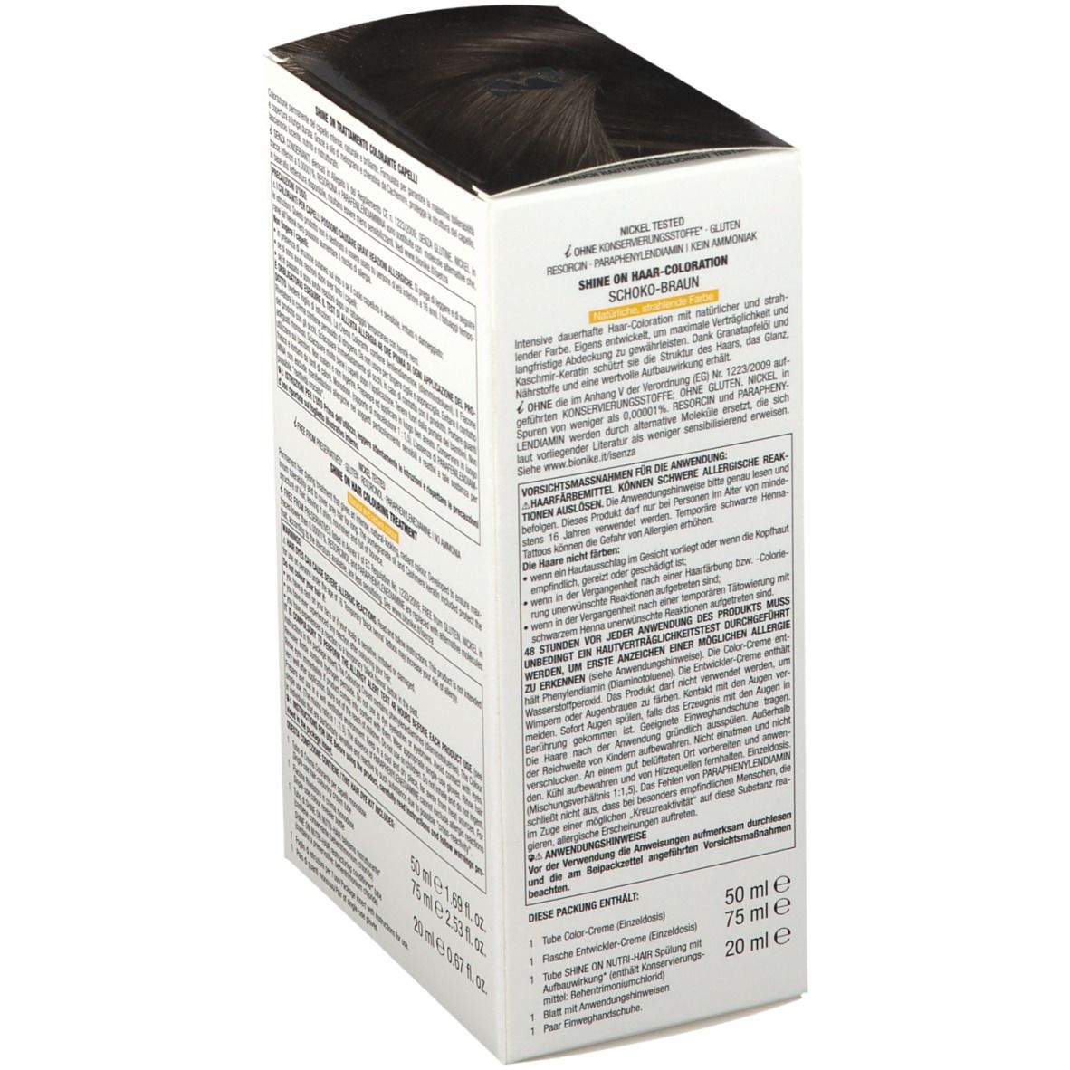 BioNike SHINE ON 4.05 Chocoladebruin. Haarkleurbehandeling. Verpakking met tekst. Bevat 50ml, 75ml en 20ml. Achterkant met informatie.