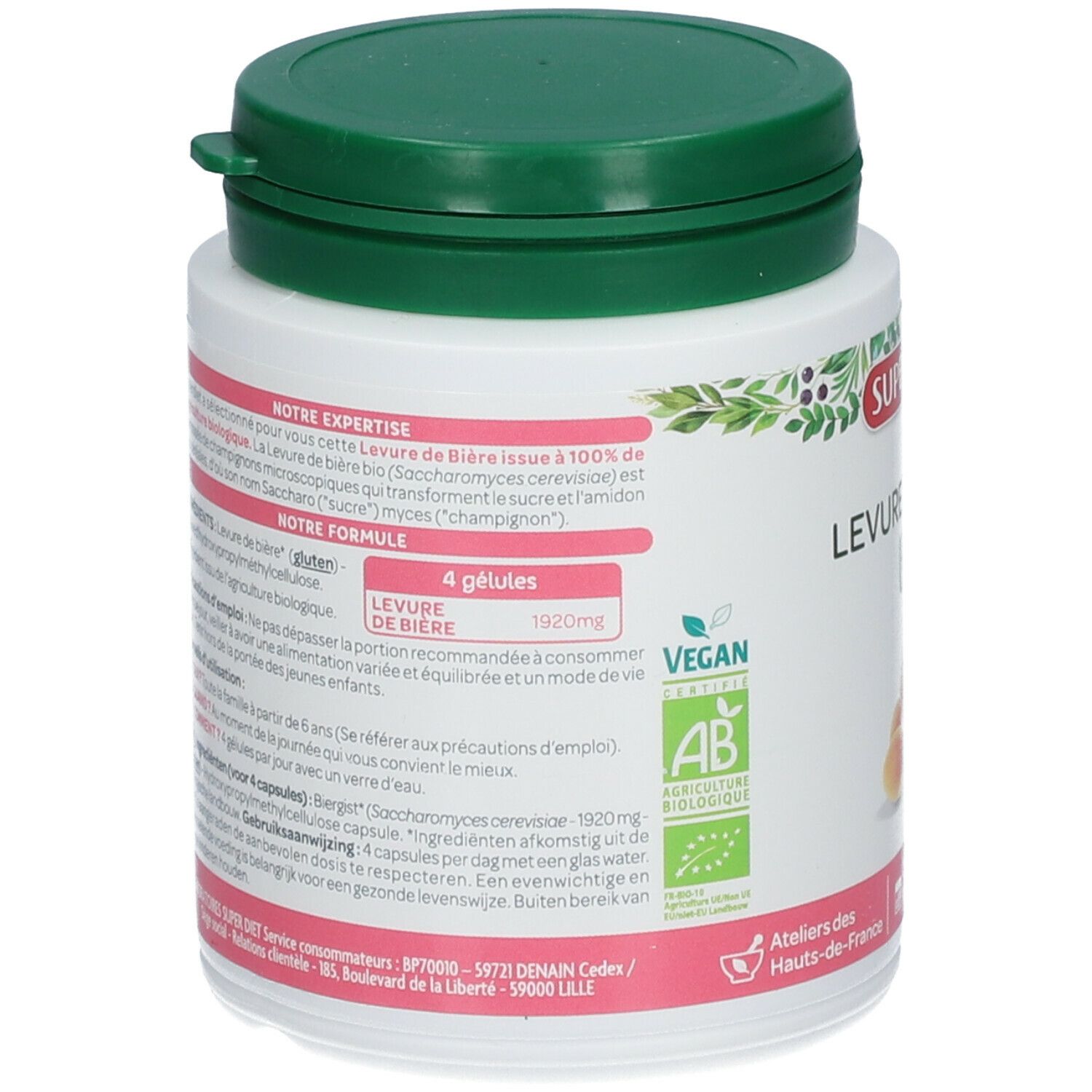 Achterkant van de witte pot met groene deksel. Tekst over ingrediënten en gebruik. Vegan-label en AB Bio-label.