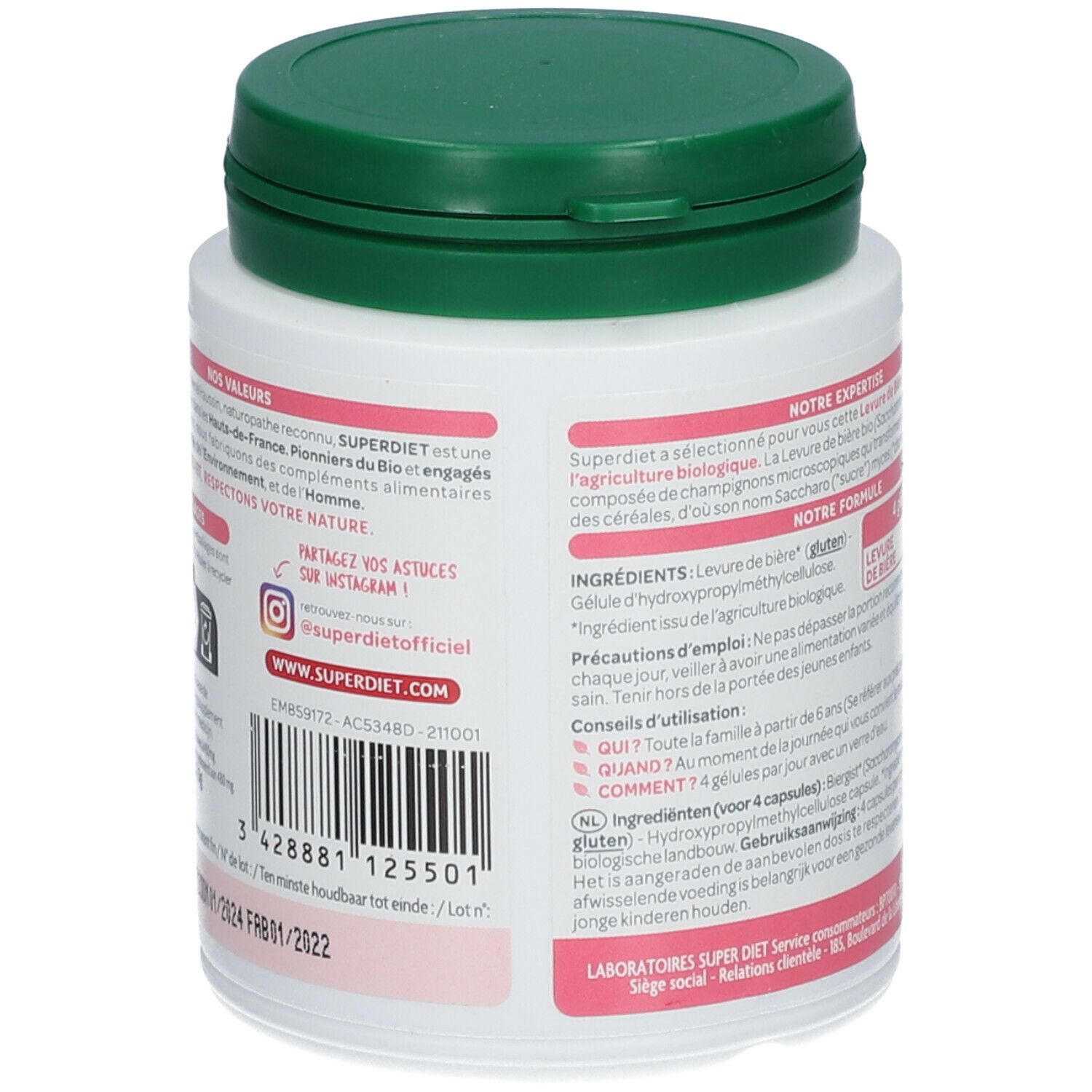 Achterkant van de witte pot met groene deksel. Tekst over ingrediënten en gebruik. Vegan-label en AB Bio-label.