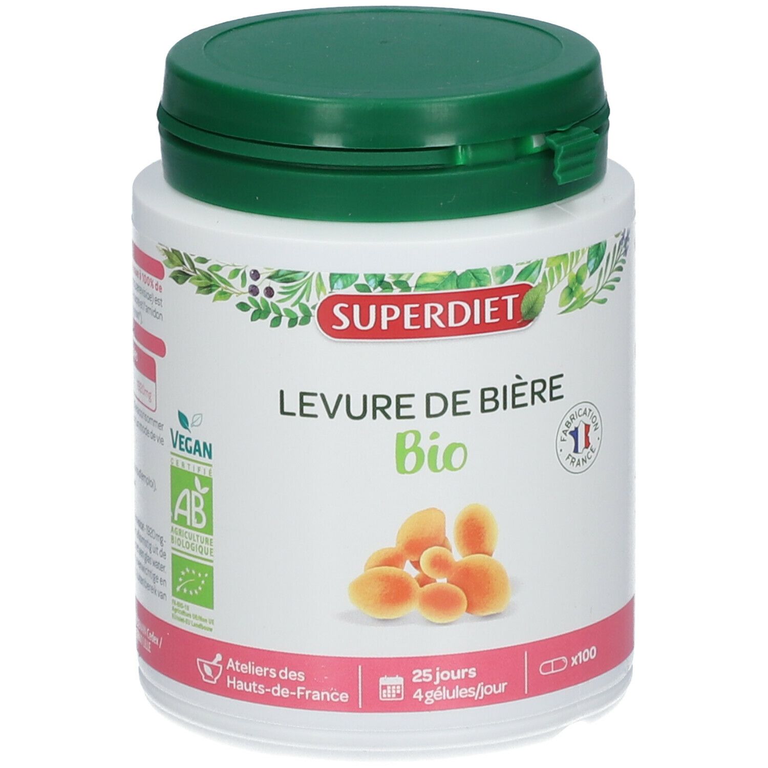 Witte pot met groene deksel. Opschrift SUPERDIET, LEVURE DE BIÈRE Bio. Illustratie van capsules. Vegan-label.