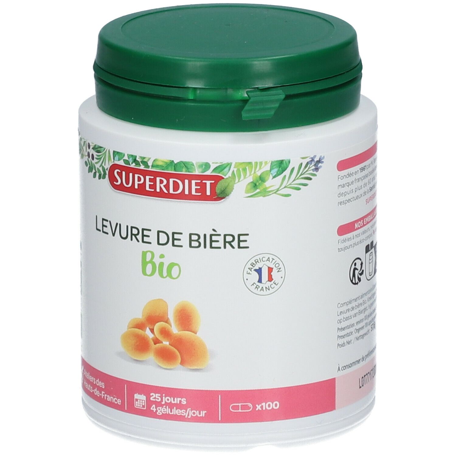 Witte pot met groene deksel. Opschrift SUPERDIET, LEVURE DE BIÈRE Bio. Illustratie van capsules. Vegan-label.