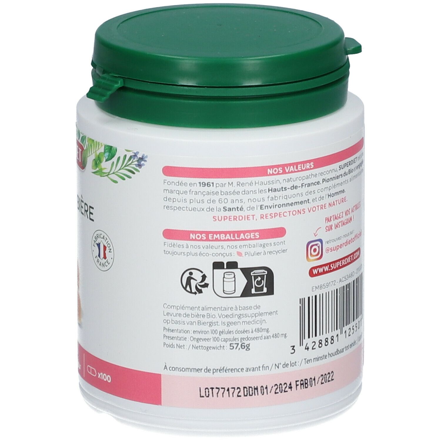 Achterkant van de witte pot met groene deksel. Tekst over ingrediënten en gebruik. Vegan-label en AB Bio-label.