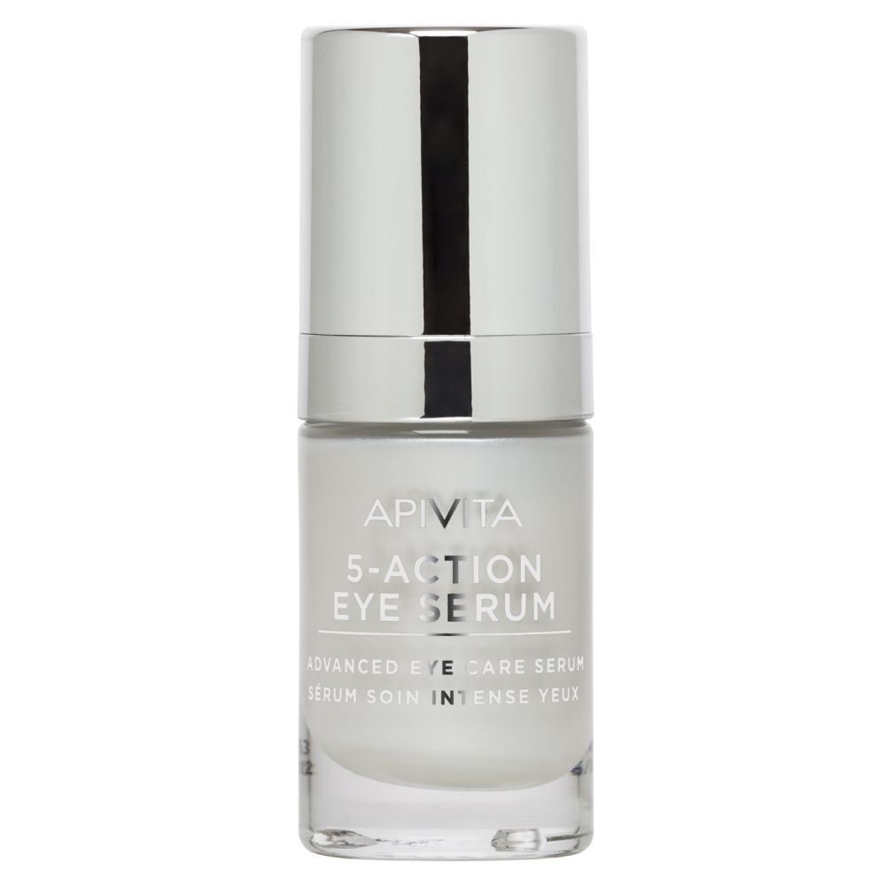 Flacon de sérum pour les yeux avec bouchon argenté. Inscription : Apivita 5-Action Eye Serum.