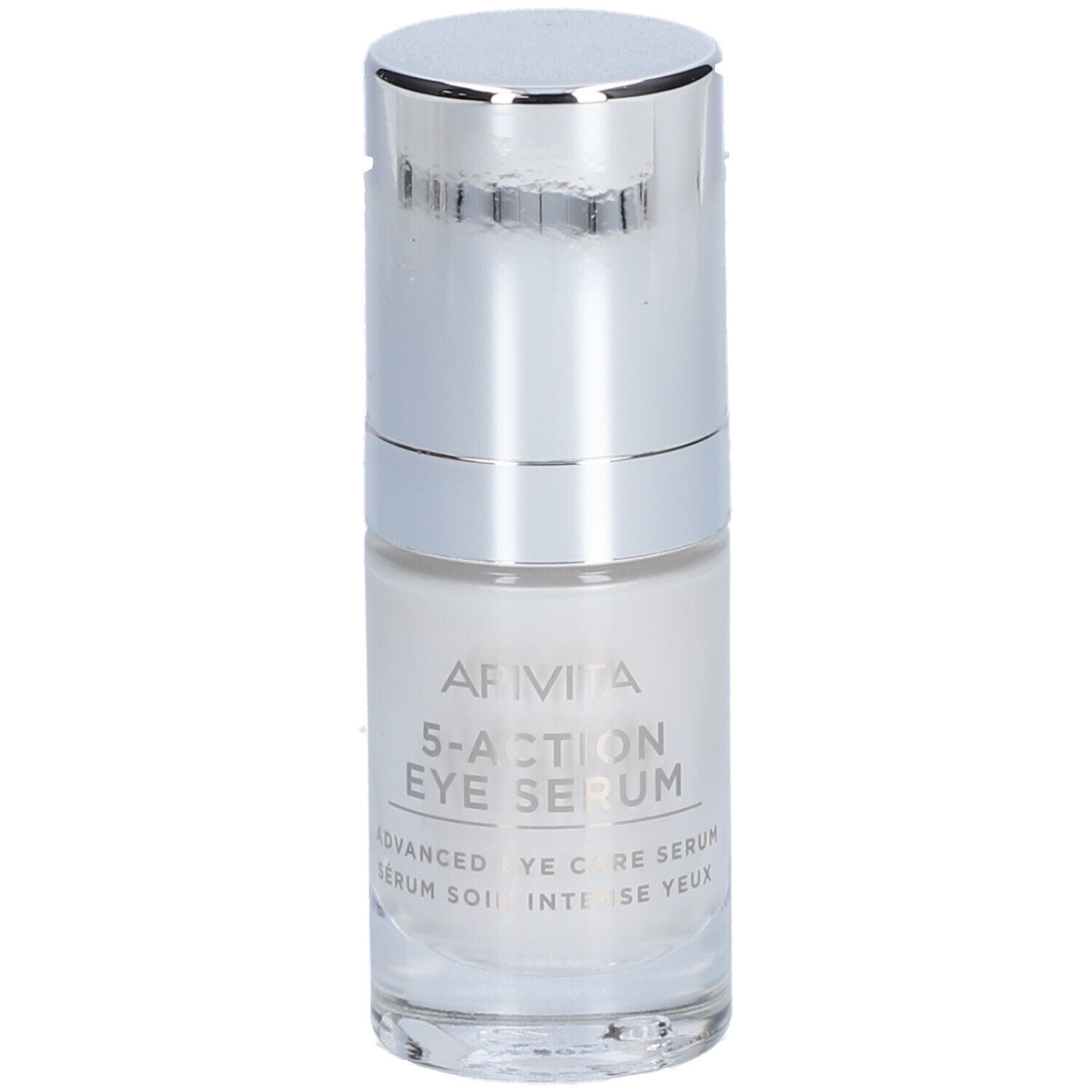 Flacon de sérum pour les yeux avec bouchon argenté. Inscription : Apivita 5-Action Eye Serum.