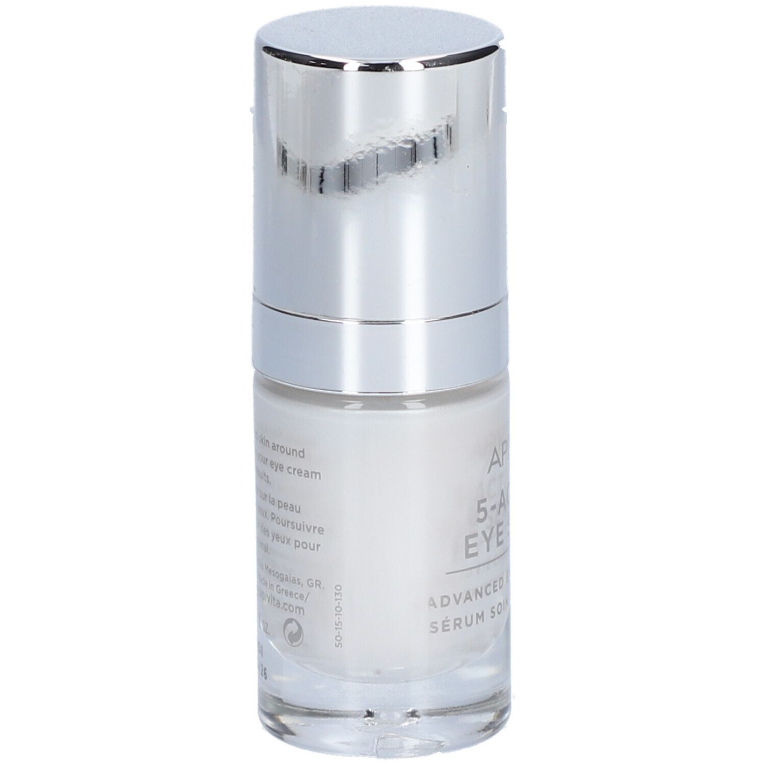 Vue arrière du flacon de sérum pour les yeux. Inscription : Apivita 5-Action Eye Serum, Advanced Eye Care Serum.
