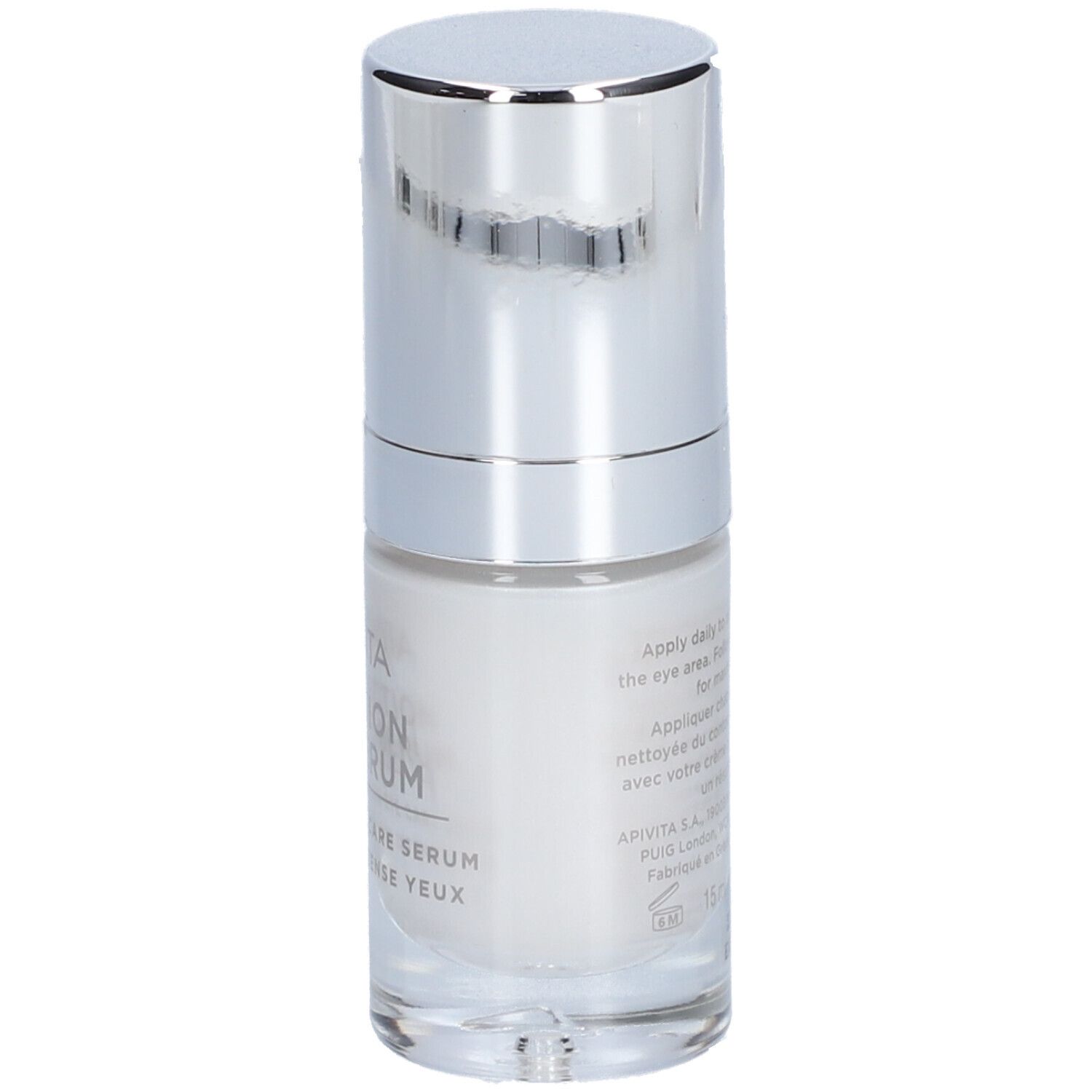 Flacon de sérum pour les yeux. Inscription : Apivita 5-Action Eye Serum, Advanced Eye Care Serum.