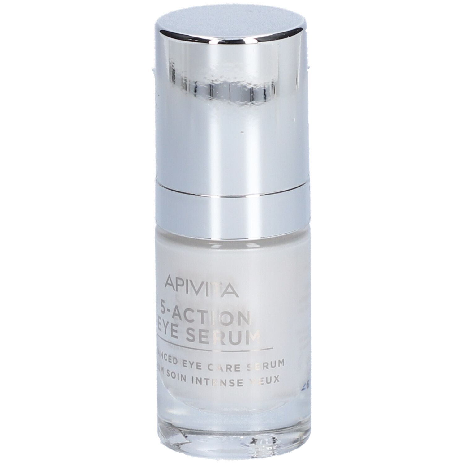 Flacon de sérum pour les yeux. Inscription : Apivita 5-Action Eye Serum, Advanced Eye Care Serum.