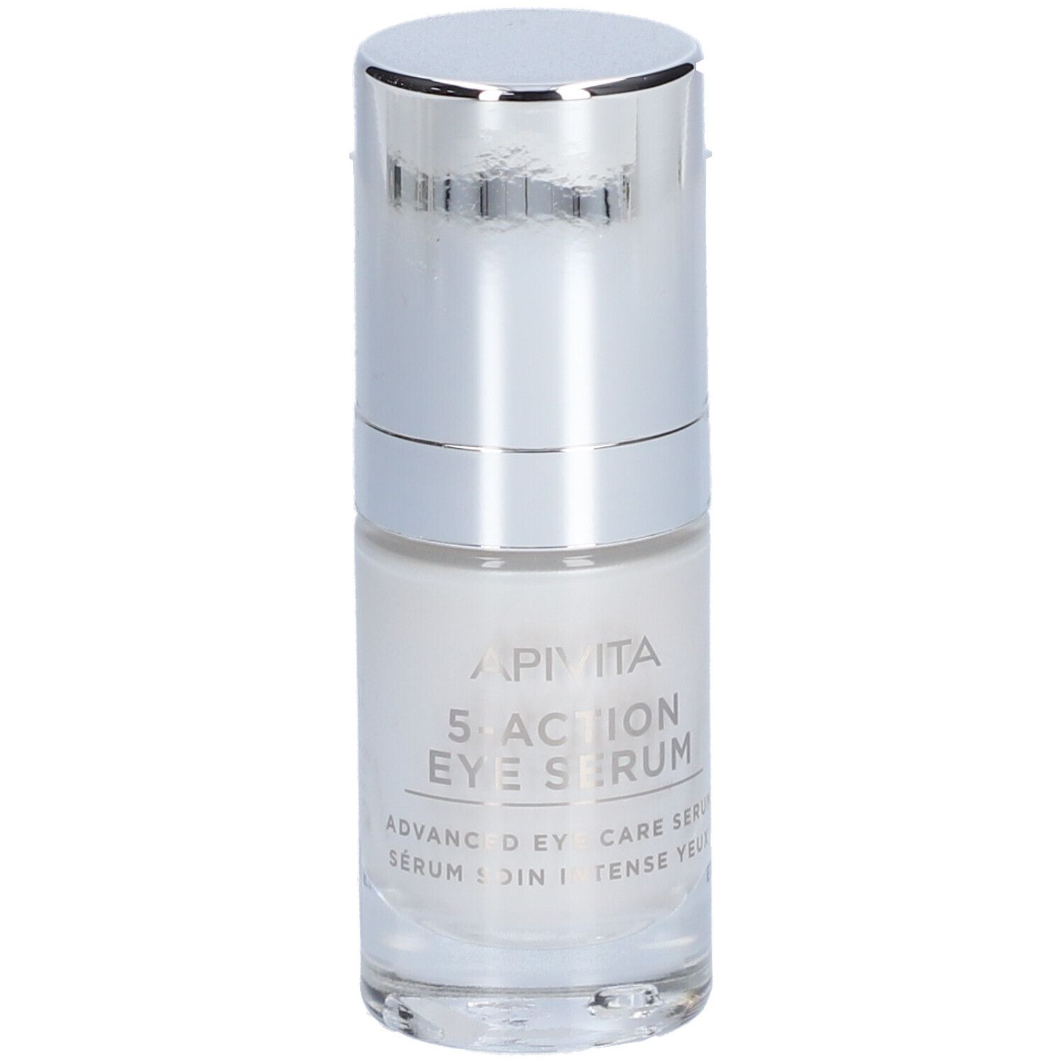 Flacon de sérum pour les yeux. Inscription : Apivita 5-Action Eye Serum, Advanced Eye Care Serum.