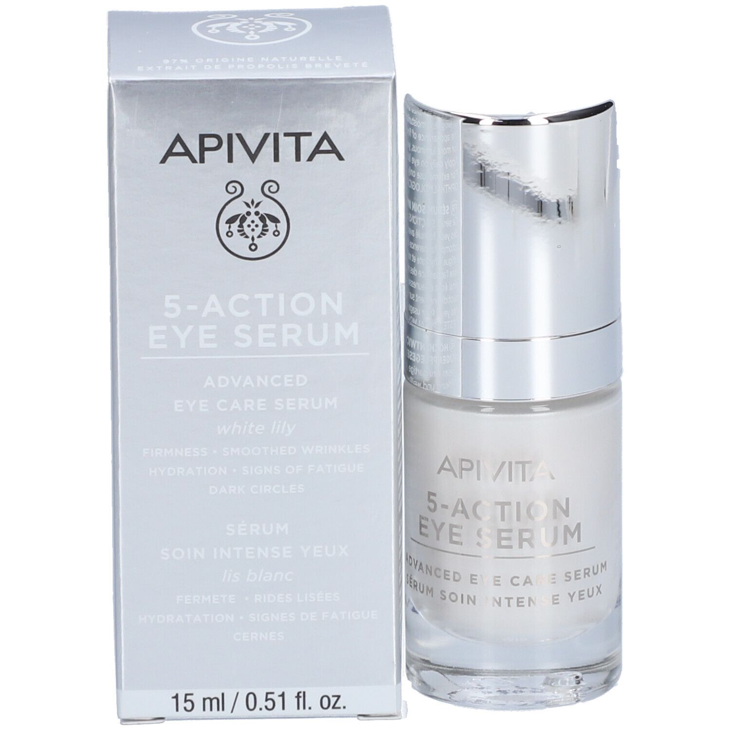 Emballage du produit avec flacon. Inscription : Apivita 5-Action Eye Serum, 15 ml / 0.51 fl. oz.