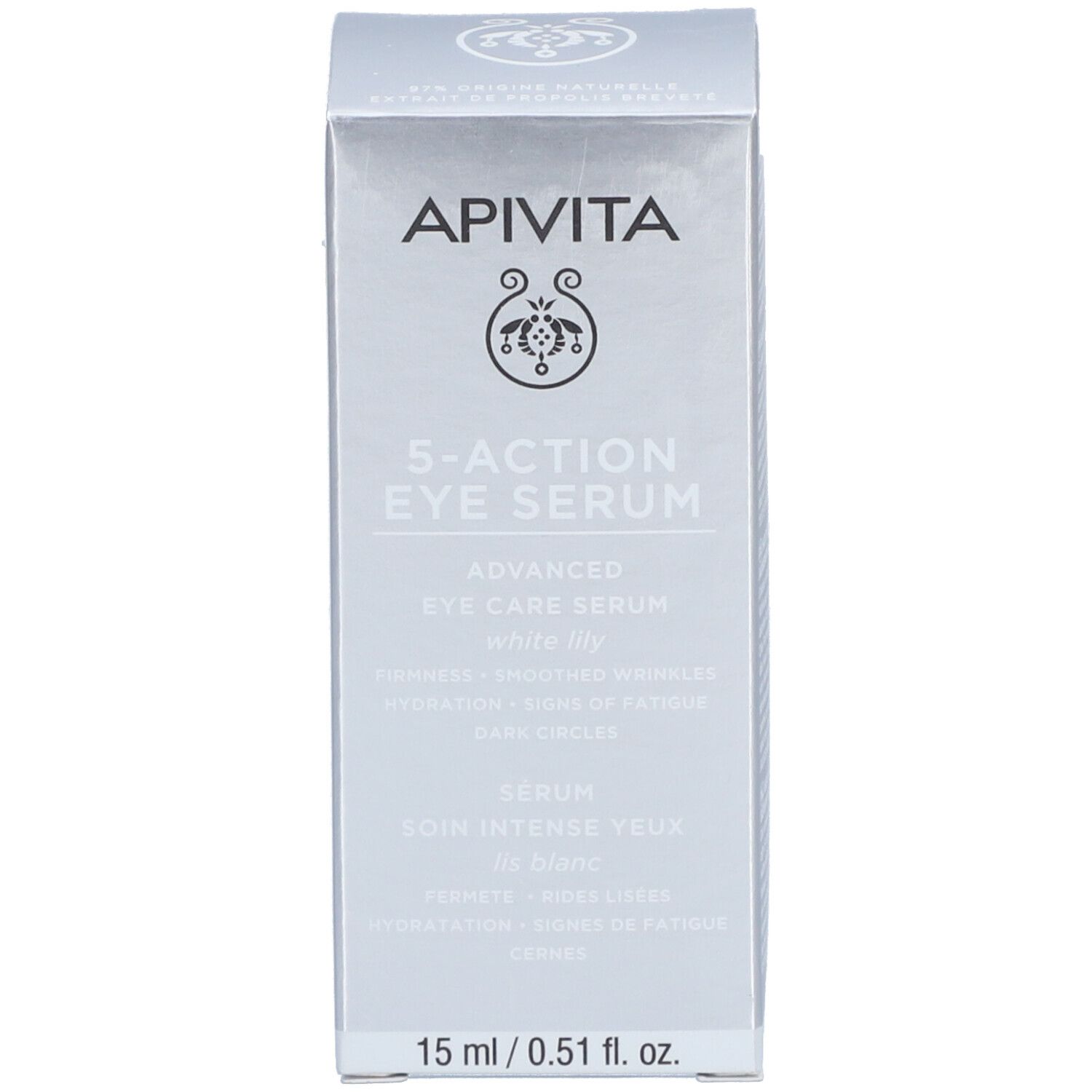 Emballage du produit. Inscription : Apivita 5-Action Eye Serum, 15 ml / 0.51 fl. oz.