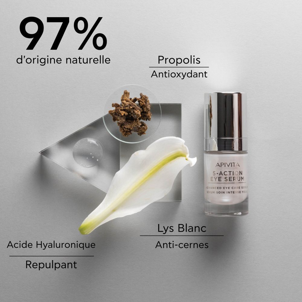Image du produit avec flacon et texte. Inscription : Apivita 5-Action Eye Serum.