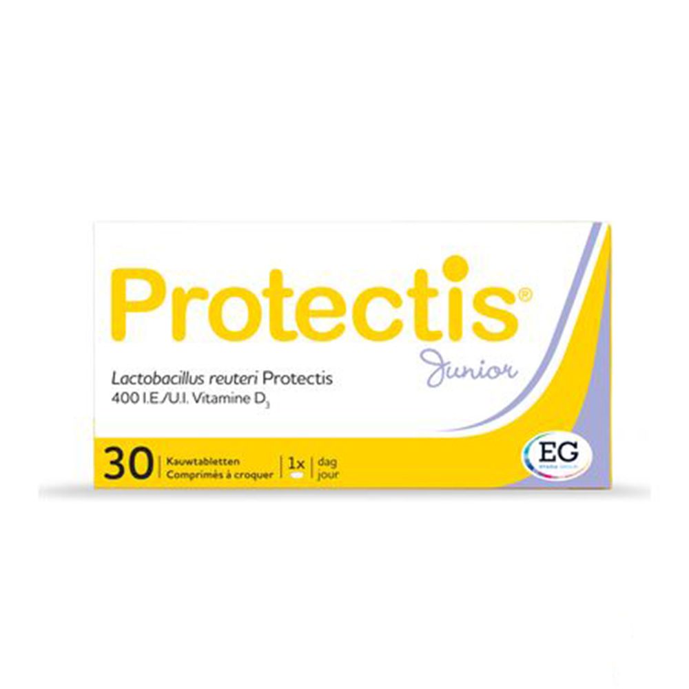 Boîte de Protectis Junior. 30 comprimés à croquer. Contient Lactobacillus reuteri Protectis et vitamine D3.