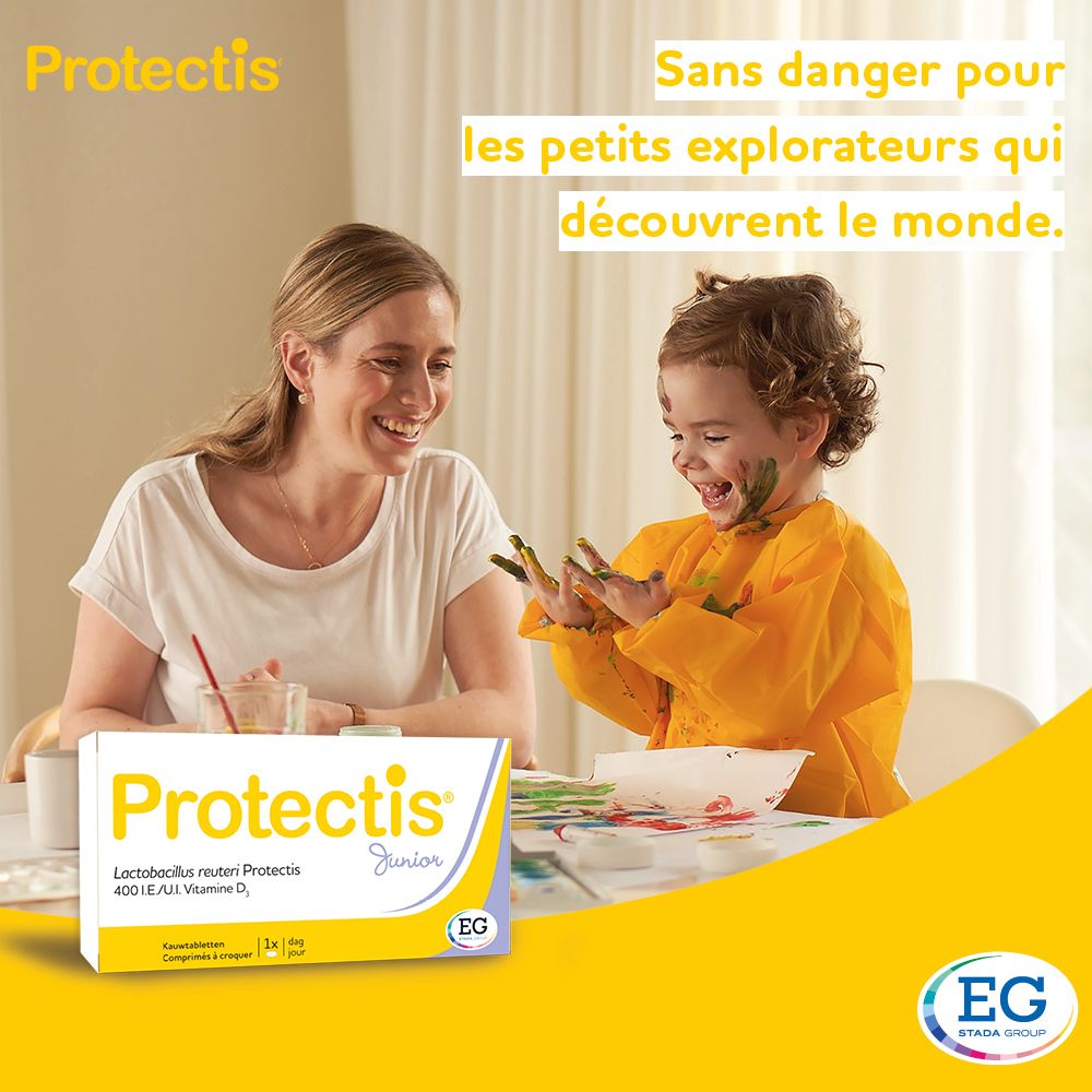 Boîte de Protectis Junior. 30 comprimés à croquer. Contient Lactobacillus reuteri Protectis et vitamine D3.