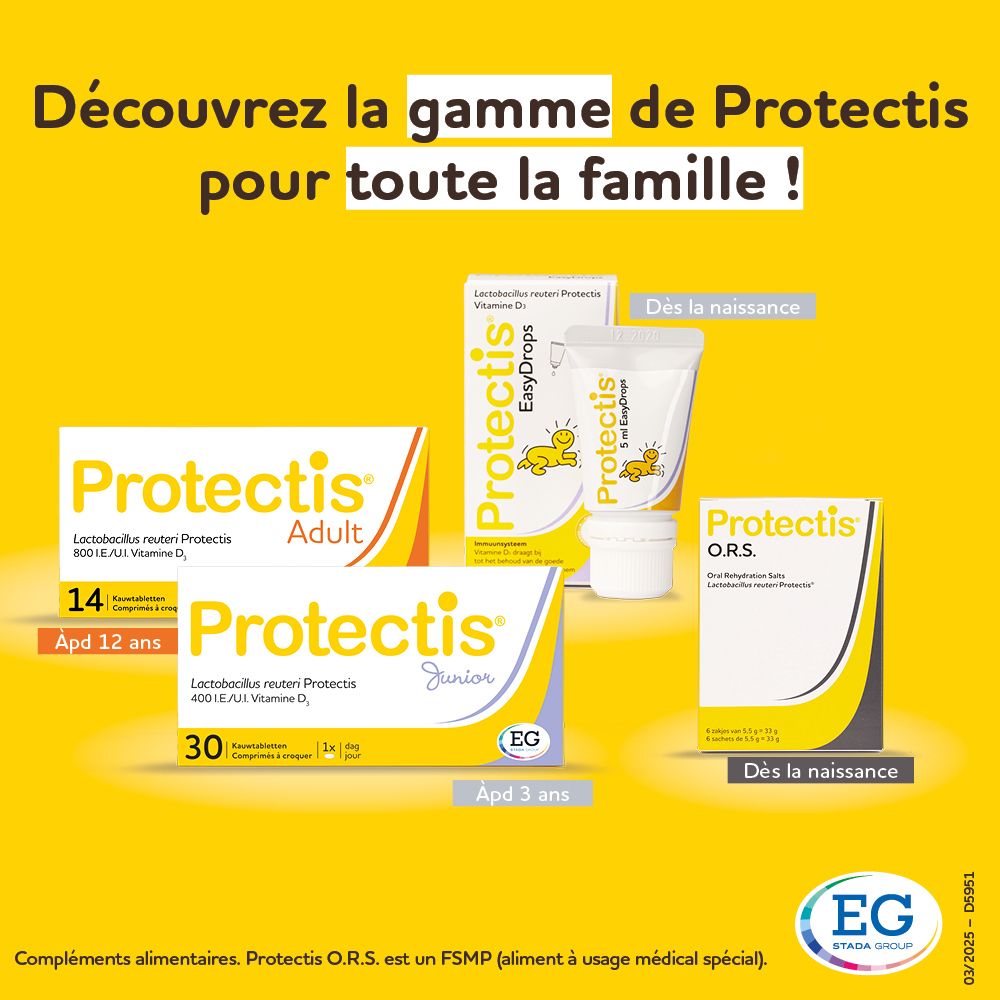 Boîte de Protectis Junior. 30 comprimés à croquer. Contient Lactobacillus reuteri Protectis et vitamine D3.