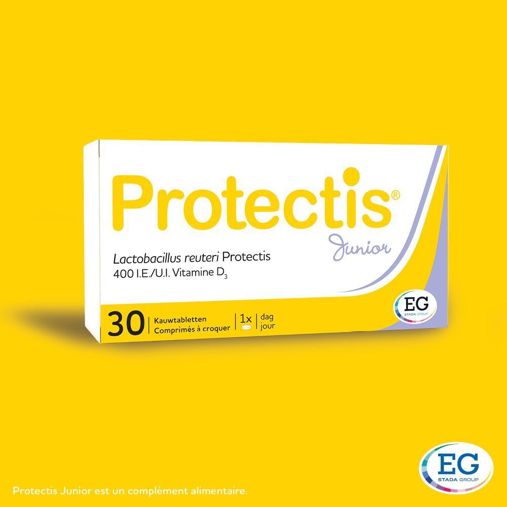 Boîte de Protectis Junior. 30 comprimés à croquer. Contient Lactobacillus reuteri Protectis et vitamine D3.