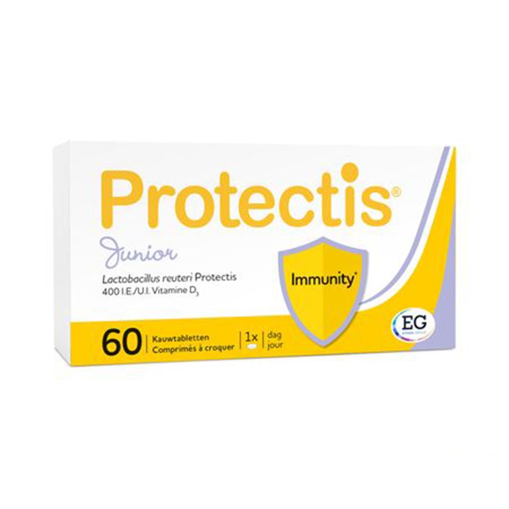 Doos Protectis Junior. 60 kauwtabletten. Schild met 'Immunity'. EG-logo.