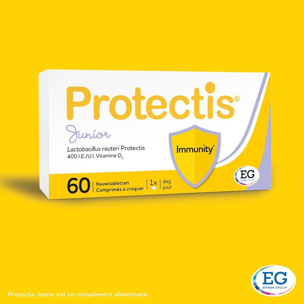 Boîte Protectis Junior. 60 comprimés à croquer. Bouclier « Immunity ». Logo EG.