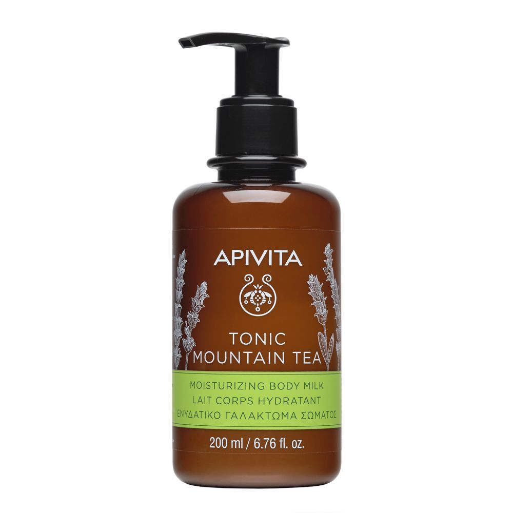 Flacon marron avec pompe. Inscription : Apivita Tonic Mountain Tea. Lait corporel hydratant.