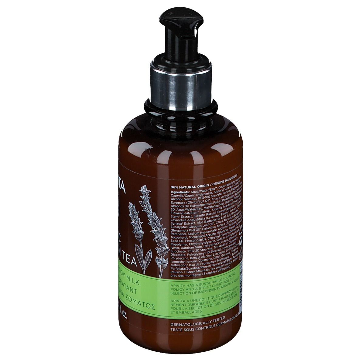 Dos du flacon. Texte avec ingrédients et informations. Inscription : Apivita Tonic Mountain Tea.