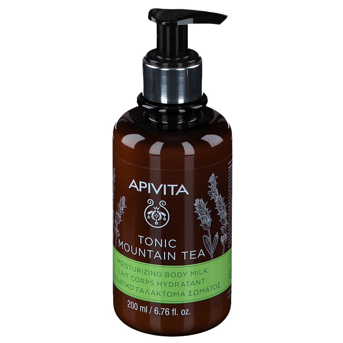 Flacon marron avec pompe. Inscription : Apivita Tonic Mountain Tea. Lait corporel hydratant.