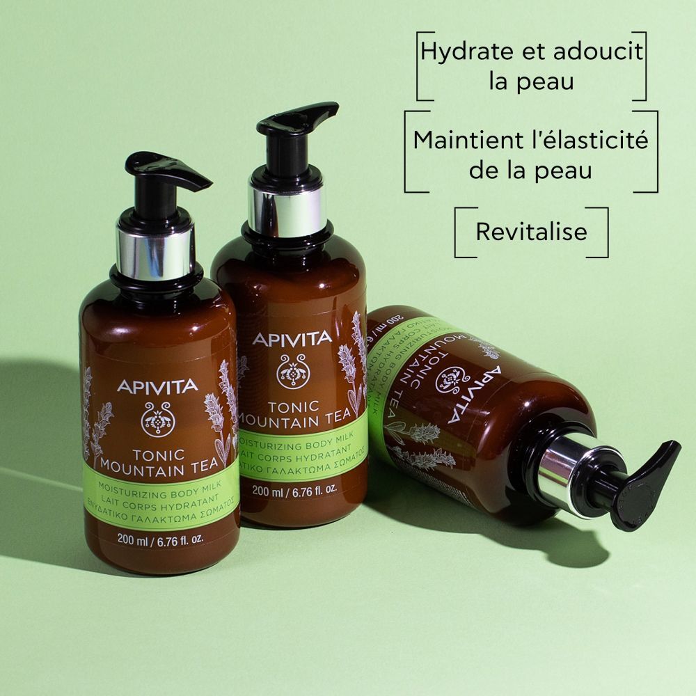 Trois flacons Apivita Tonic Mountain Tea. Texte : Hydrate et adoucit la peau, maintient l'élasticité, revitalise.