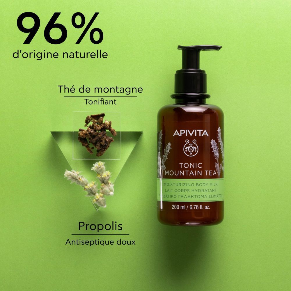 Flacon Apivita Tonic Mountain Tea. Texte : 96% d'origine naturelle, Thé de montagne, Propolis.