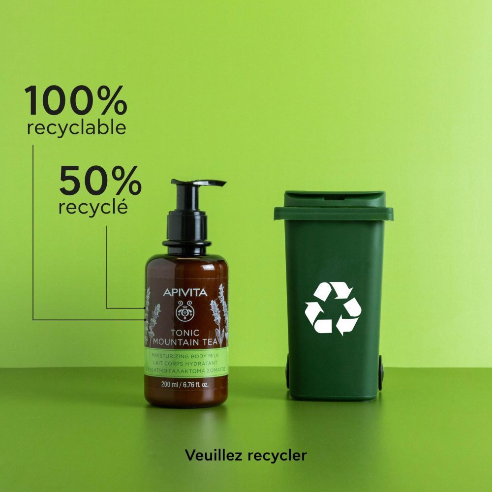 Flacon Apivita Tonic Mountain Tea et poubelle. Texte : 100% recyclable, 50% recyclé.