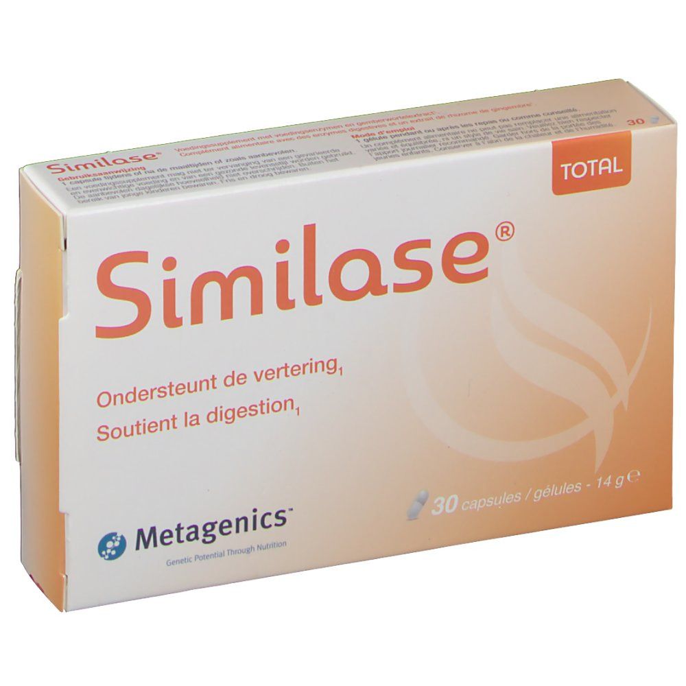 Boîte de Similase Total. Fond orange avec texte blanc. Contient 30 capsules. Logo Metagenics.