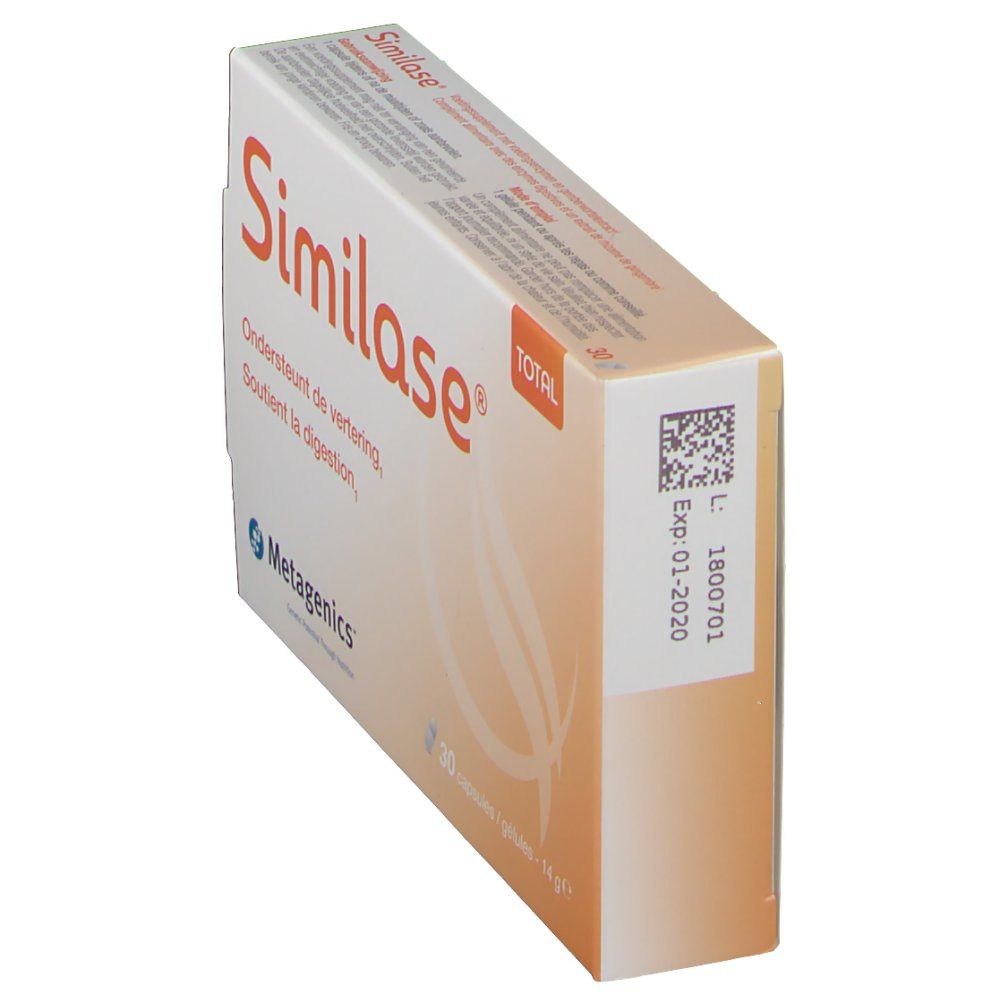 Vue oblique de l'emballage Similase Total. Côté orange avec code-barres et date d'expiration. Fond blanc.