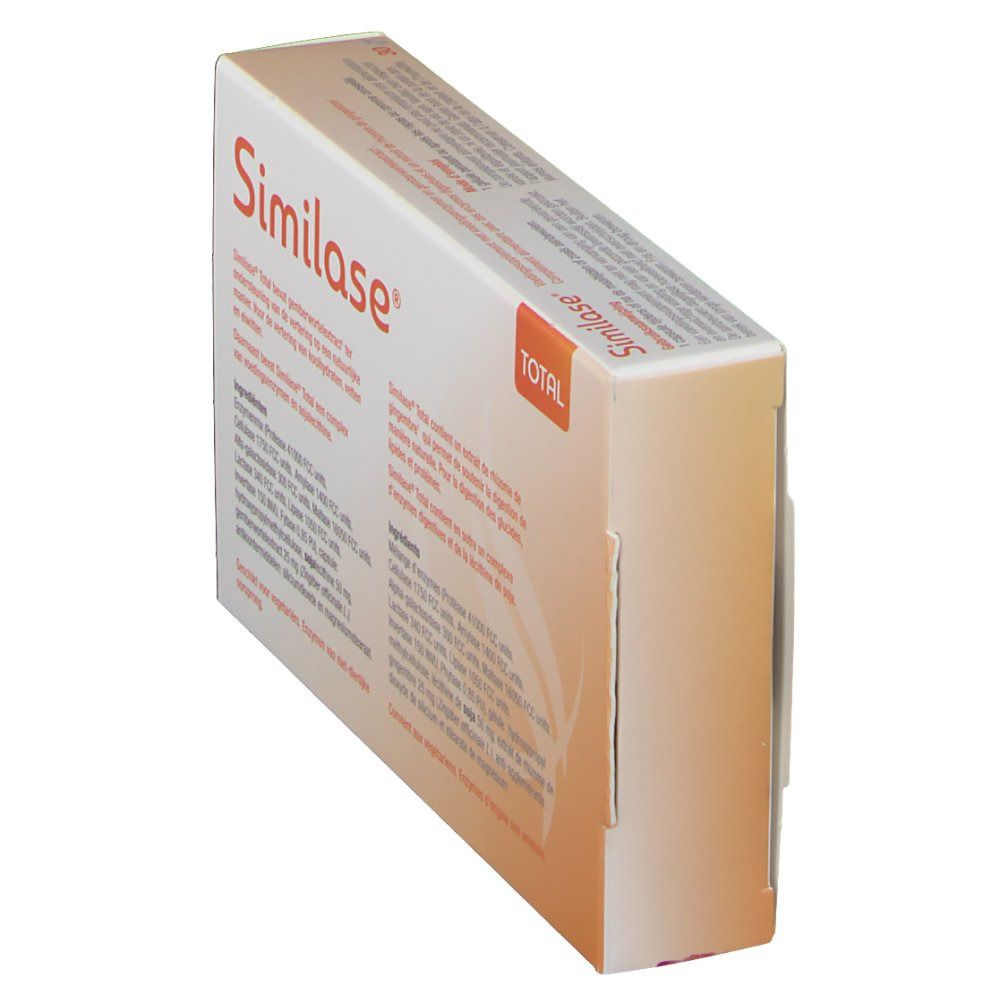 Vue oblique de l'emballage Similase Total. Dos avec texte multilingue. Fond blanc.
