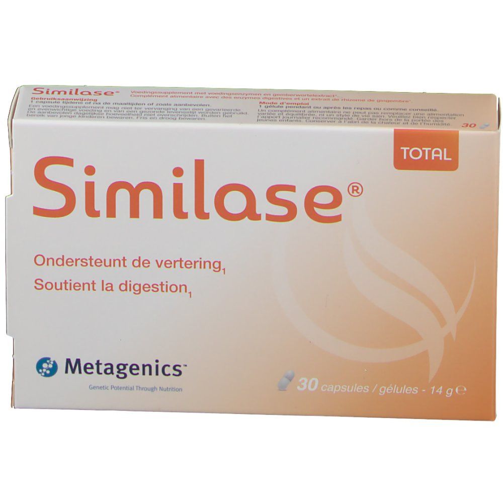 Boîte de Similase Total. Fond orange avec texte blanc. Contient 30 capsules. Logo Metagenics.