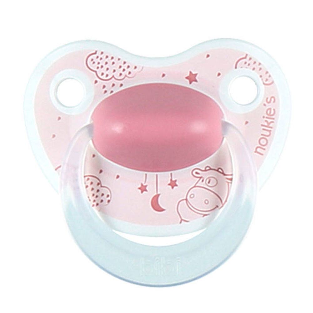 Sucette rose avec motifs étoiles, lune et animal. Anneau transparent. Marque: noukie's.
