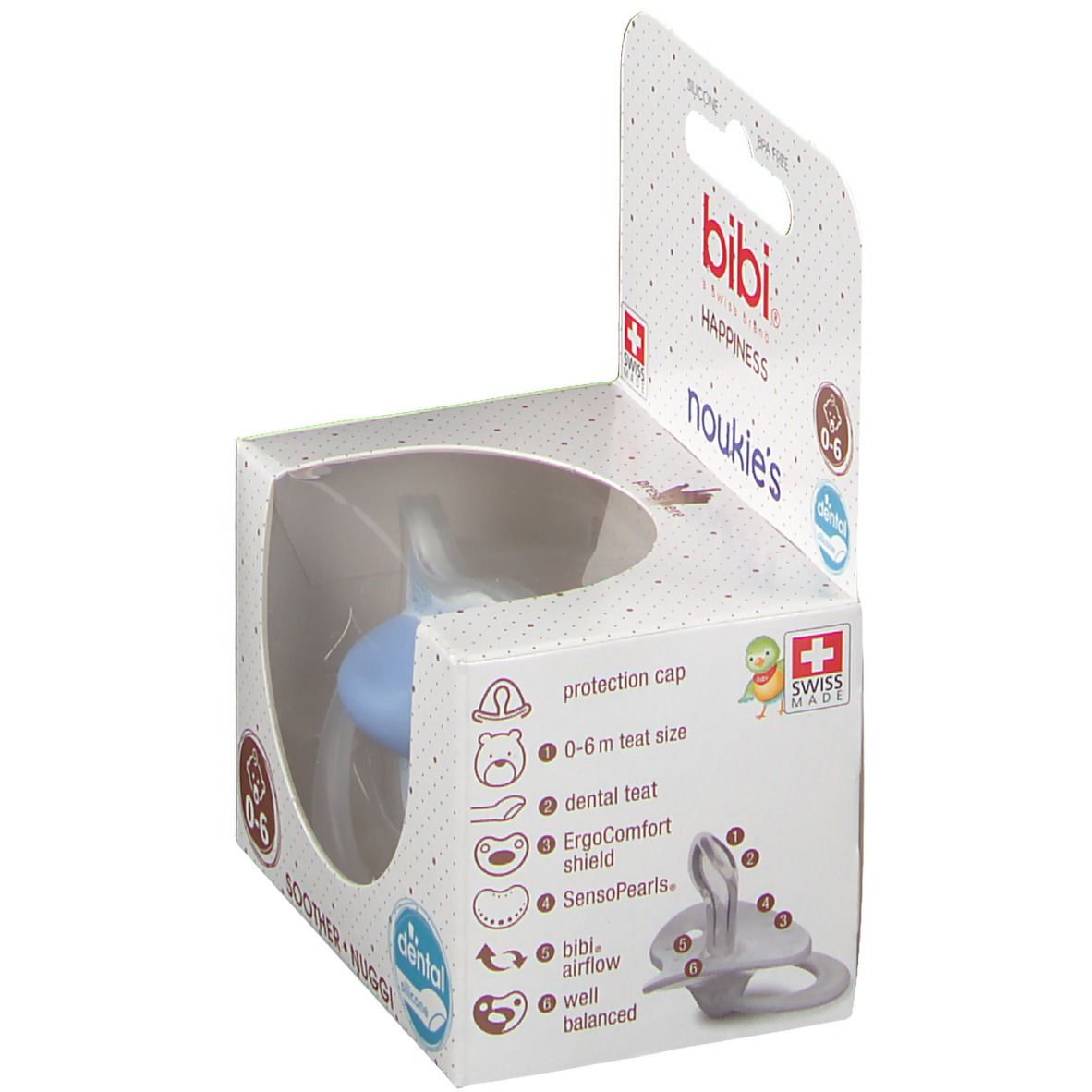 Emballage de sucette bibi® Happiness. Caractéristiques: dental, 0-6 mois, ErgoComfort, SensoPearls, circulation d'air, bien équilibré.