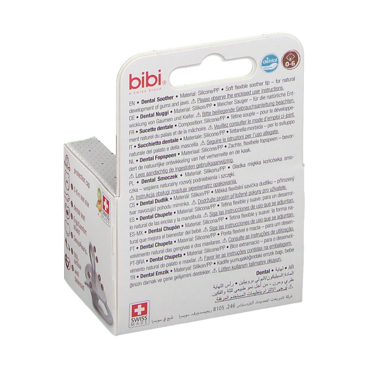 Dos de l'emballage. Texte multilingue. Marque bibi® Happiness. Fabriqué en Suisse. Informations sur le produit.
