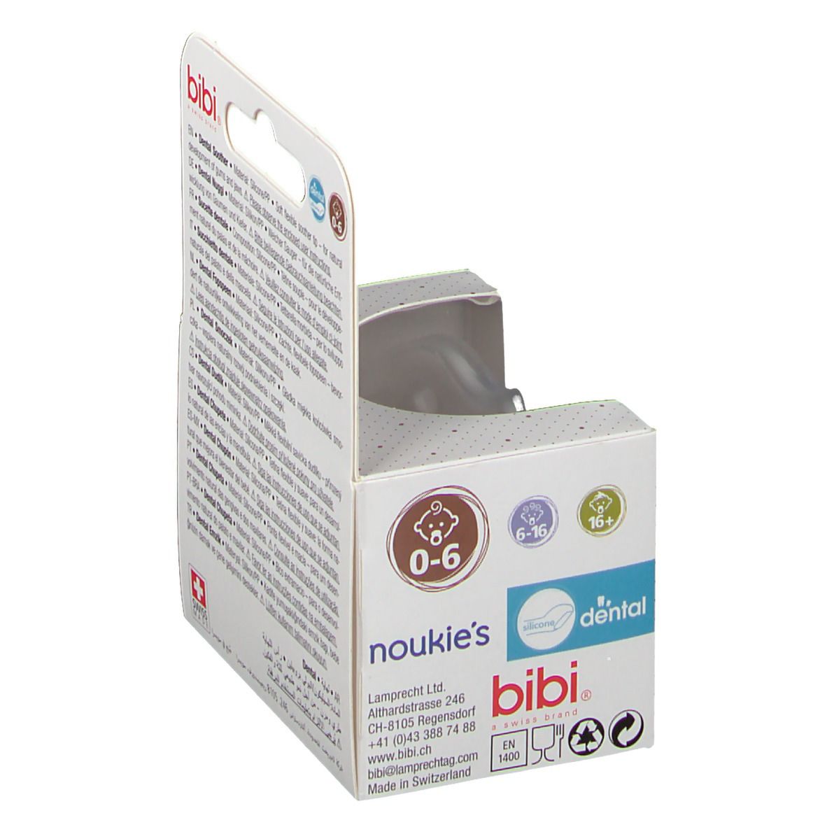 Emballage de sucette bibi® Happiness. Recommandations d'âge: 0-6 mois, 6-18 mois, 18+. Fabriqué en Suisse.