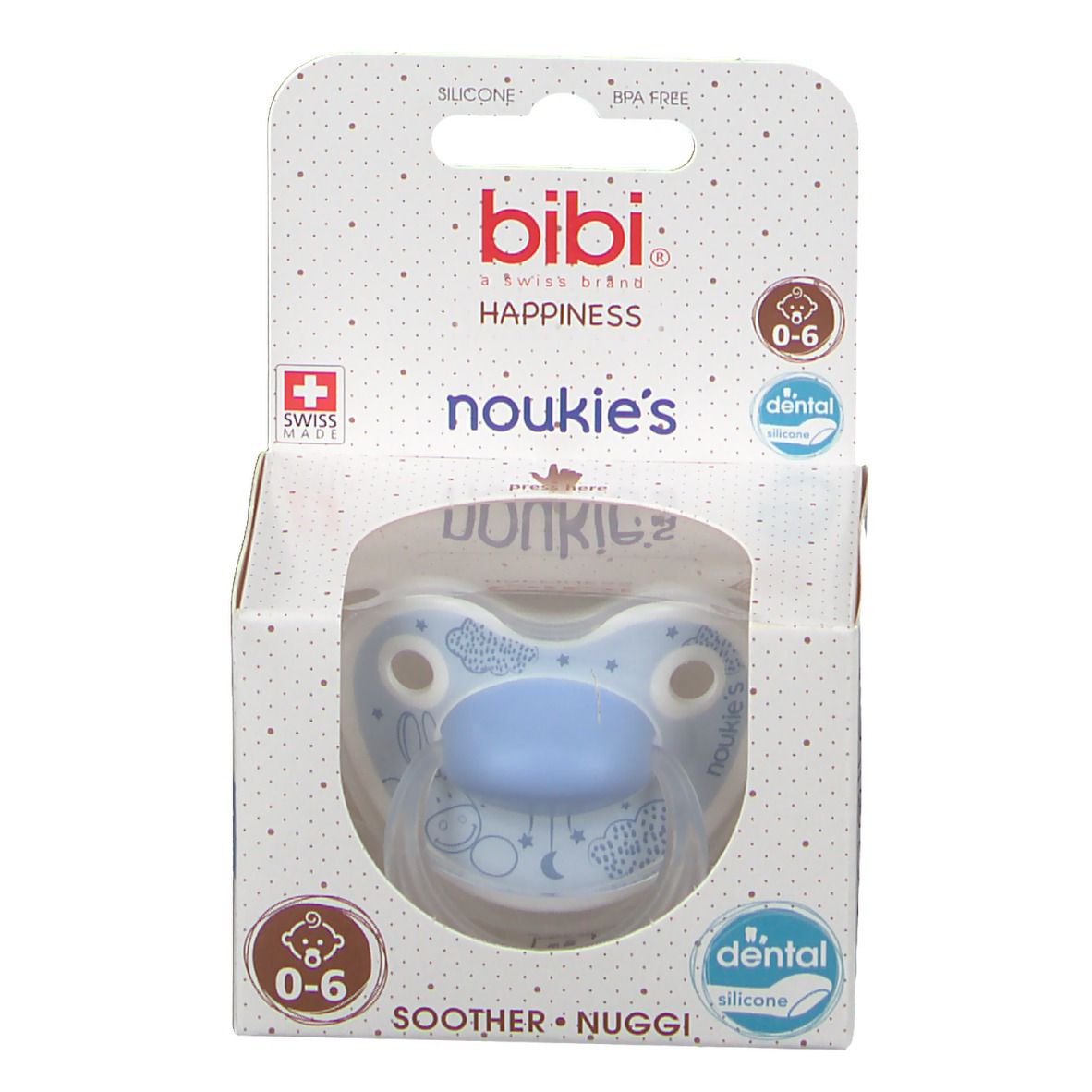Sucette bibi® Happiness 0-6 mois, bleue. Emballage avec fenêtre. Inscription "dental" et "silicone". Fabriqué en Suisse.