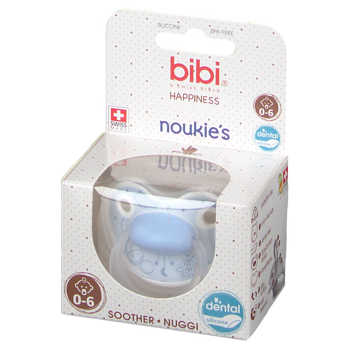 Sucette bibi® Happiness 0-6 mois, bleue. Emballage avec fenêtre. Inscription "dental" et "silicone". Fabriqué en Suisse.