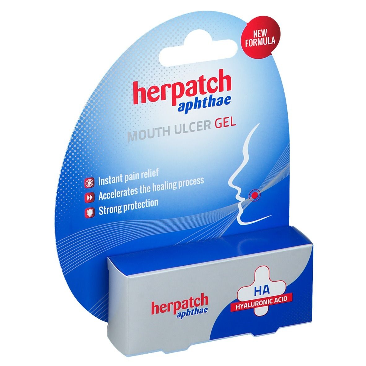 Emballage avec produit. Emballage bleu et blanc avec nom du produit et description. Cercle rouge avec "NEW FORMULA".
