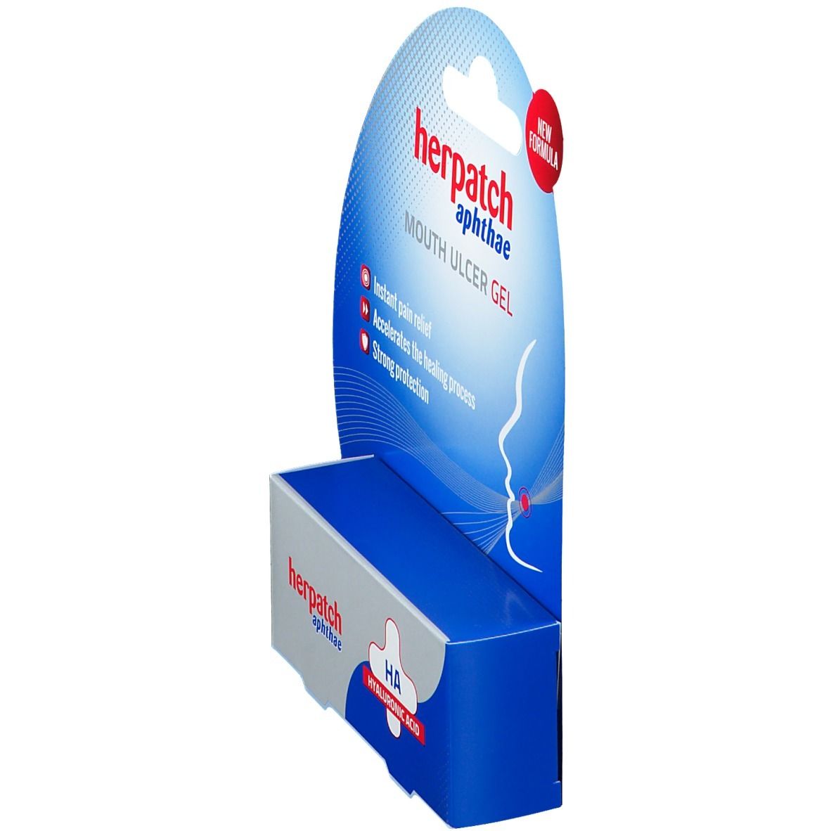 Emballage du produit, en biais. Emballage bleu et blanc avec nom et description du produit. Cercle rouge avec "NEW FORMULA".