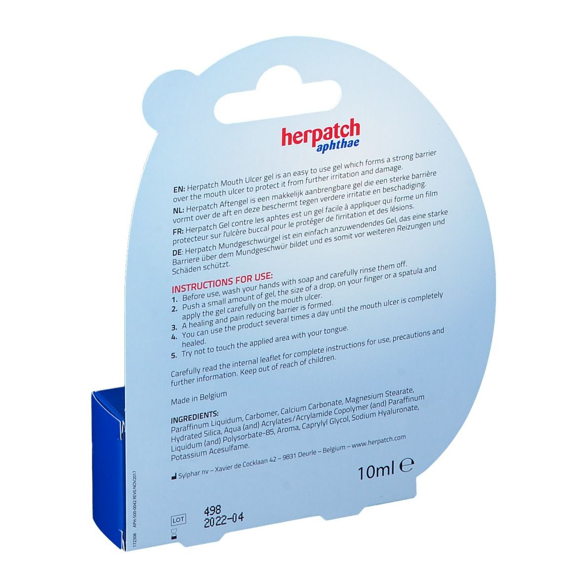 Dos de l'emballage du produit. Texte avec instructions, ingrédients et informations du fabricant. 10ml.