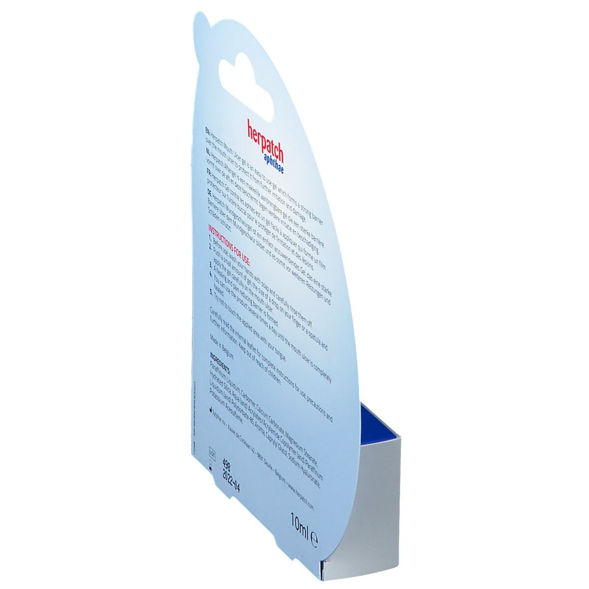 Vue oblique du dos de l'emballage du produit. Texte avec instructions, ingrédients et informations du fabricant. 10ml.