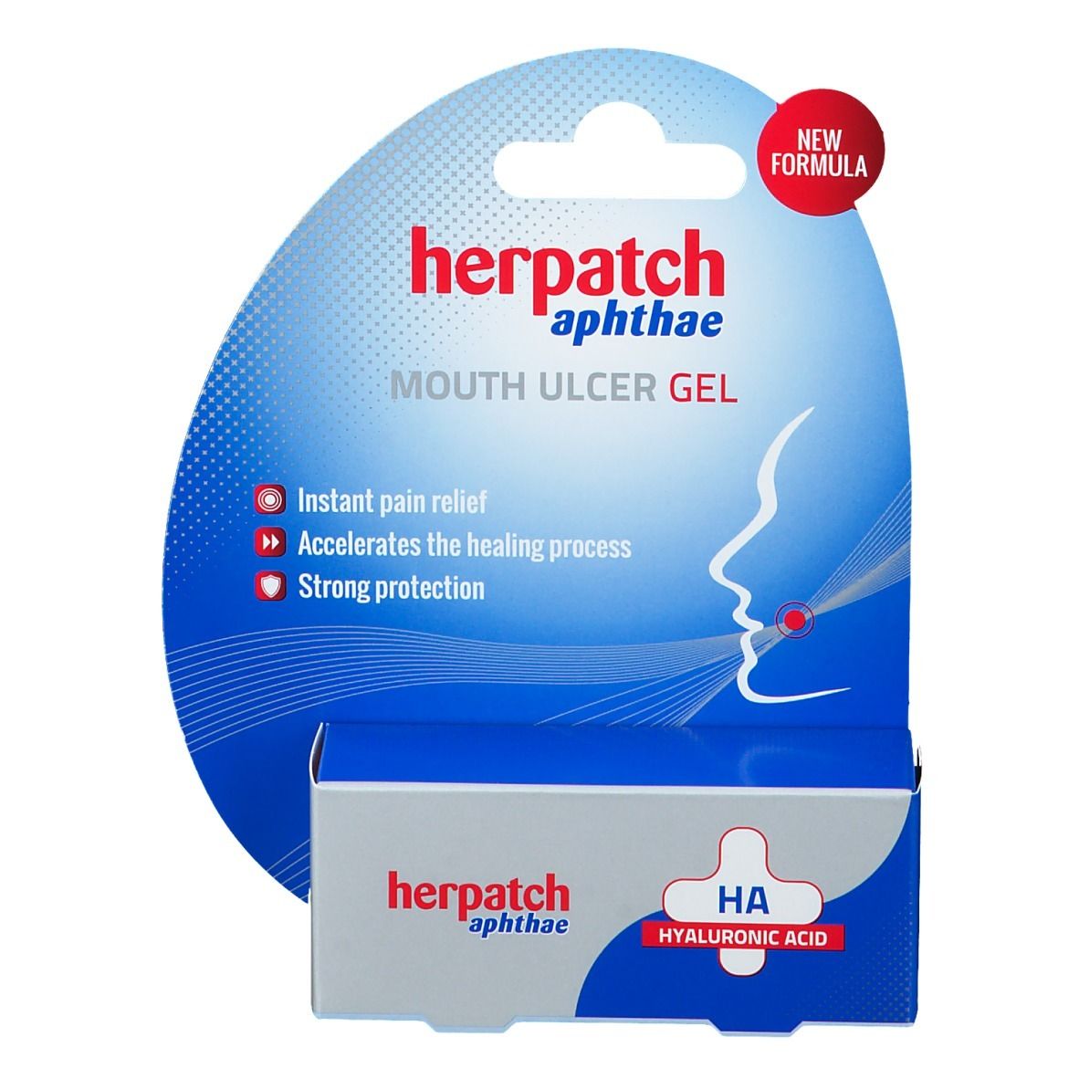Emballage du produit. Emballage bleu et blanc avec nom et description du produit. Cercle rouge avec "NEW FORMULA".