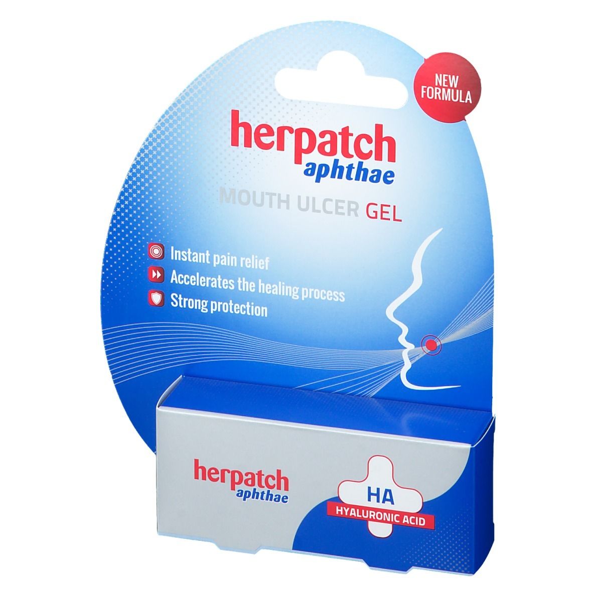Emballage du produit. Emballage bleu et blanc avec nom et description du produit. Cercle rouge avec "NEW FORMULA".