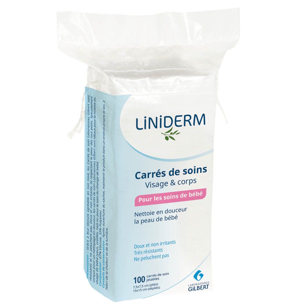 Paquet de carrés de soins LINIDERM pour bébé. 100 carrés. Pour visage et corps. Doux et non irritants. Emballage plastique.
