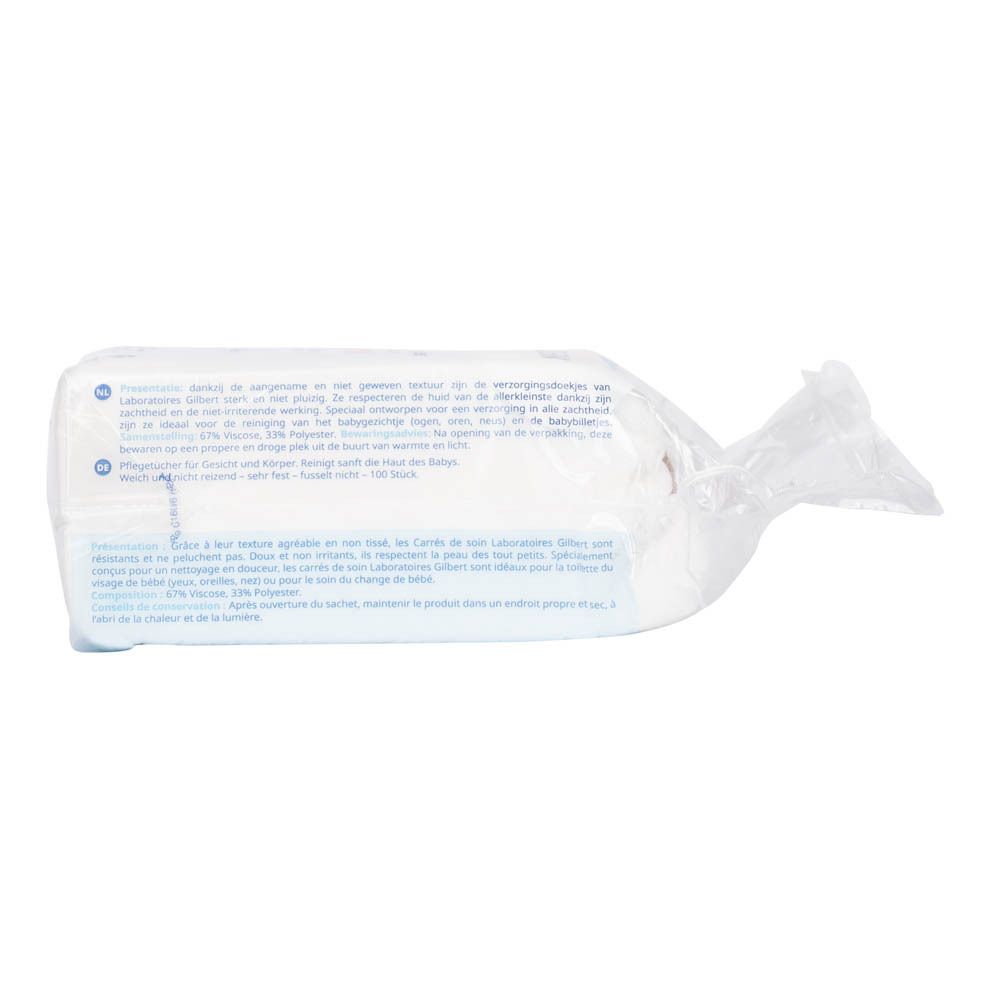 Paquet de carrés de soins LINIDERM pour bébé. 100 carrés. Pour visage et corps. Doux et non irritants. Emballage plastique.